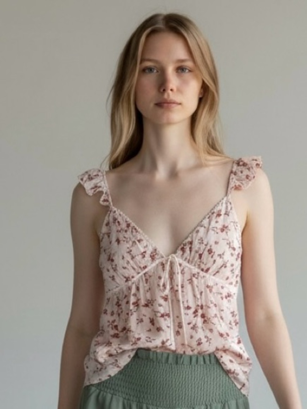 Floral Pink Ruffle-Strap V-Neck Camisole
